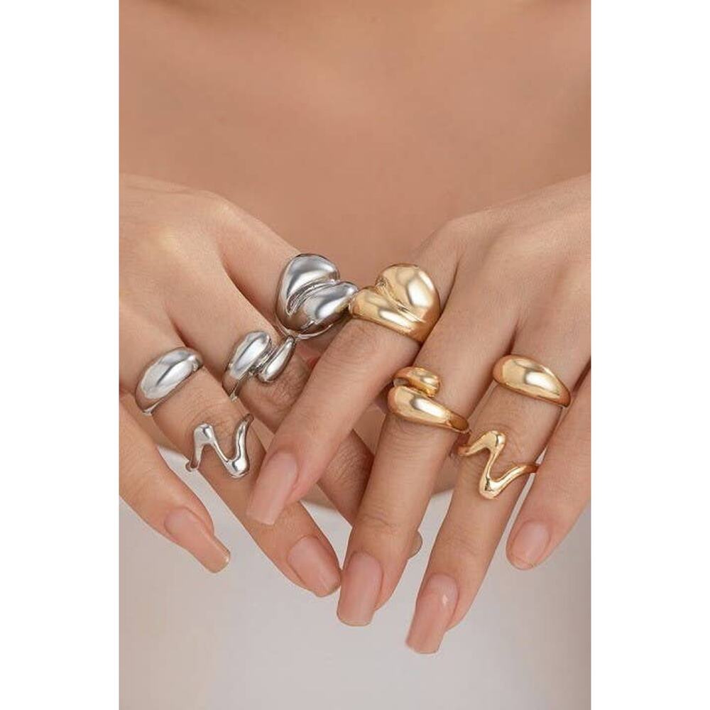 Abstract Boho Ring Set - 4-Piece Silver Adjustable Stackable Rings - Picture 3 of 3